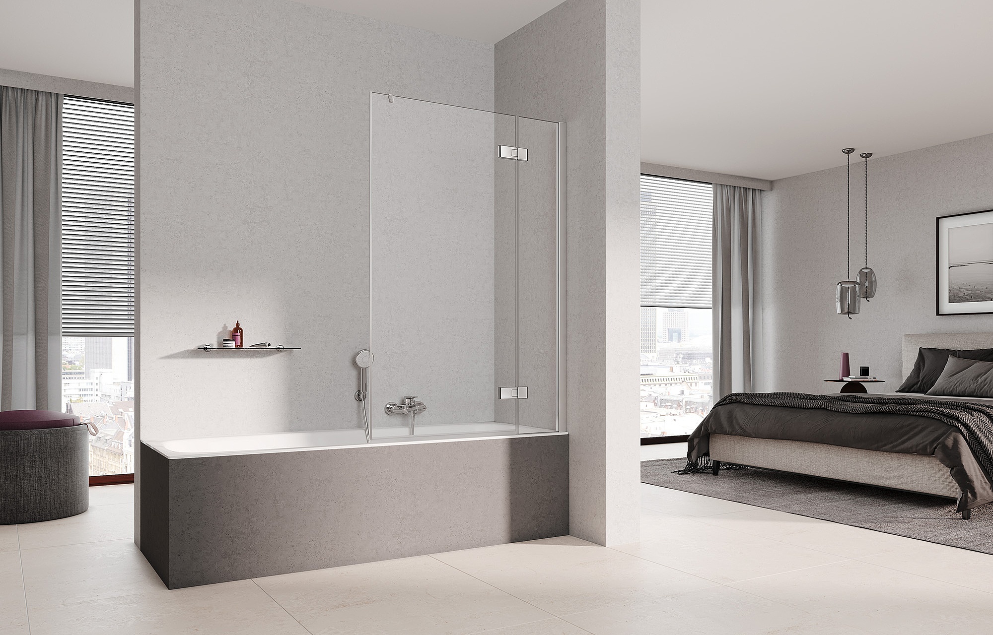 Kermi Duschdesign Badewannenaufsatz MENA WALK-IN Wall mit Wandprofil mit Festfeld im Winkel