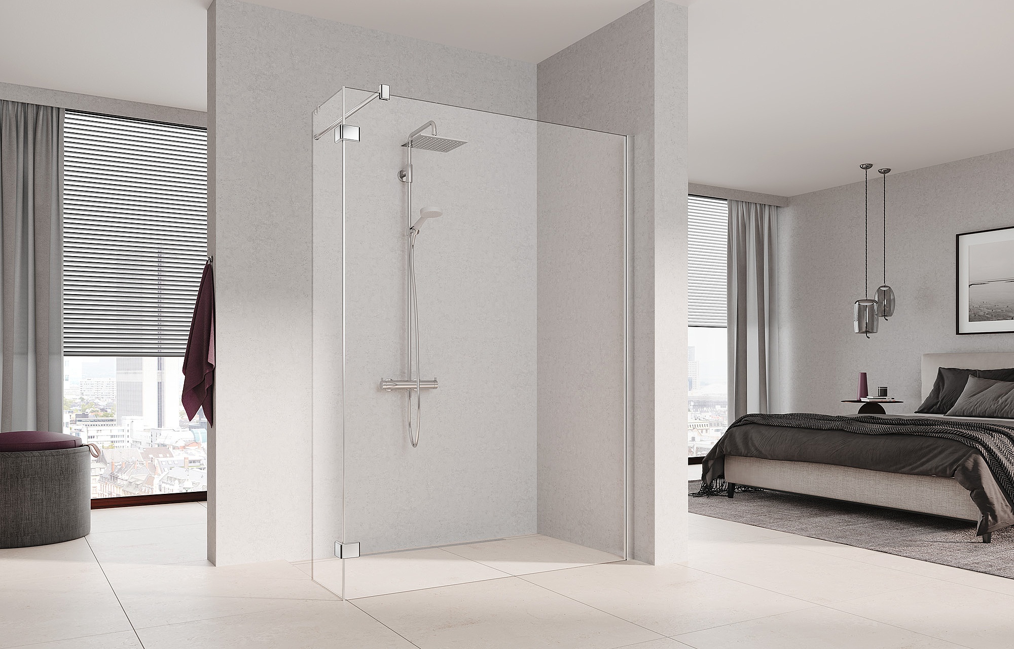 Kermi Duschdesign Duschkabine MENA WALK-IN Wall mit Wandprofil mit Festfeld im Winkel