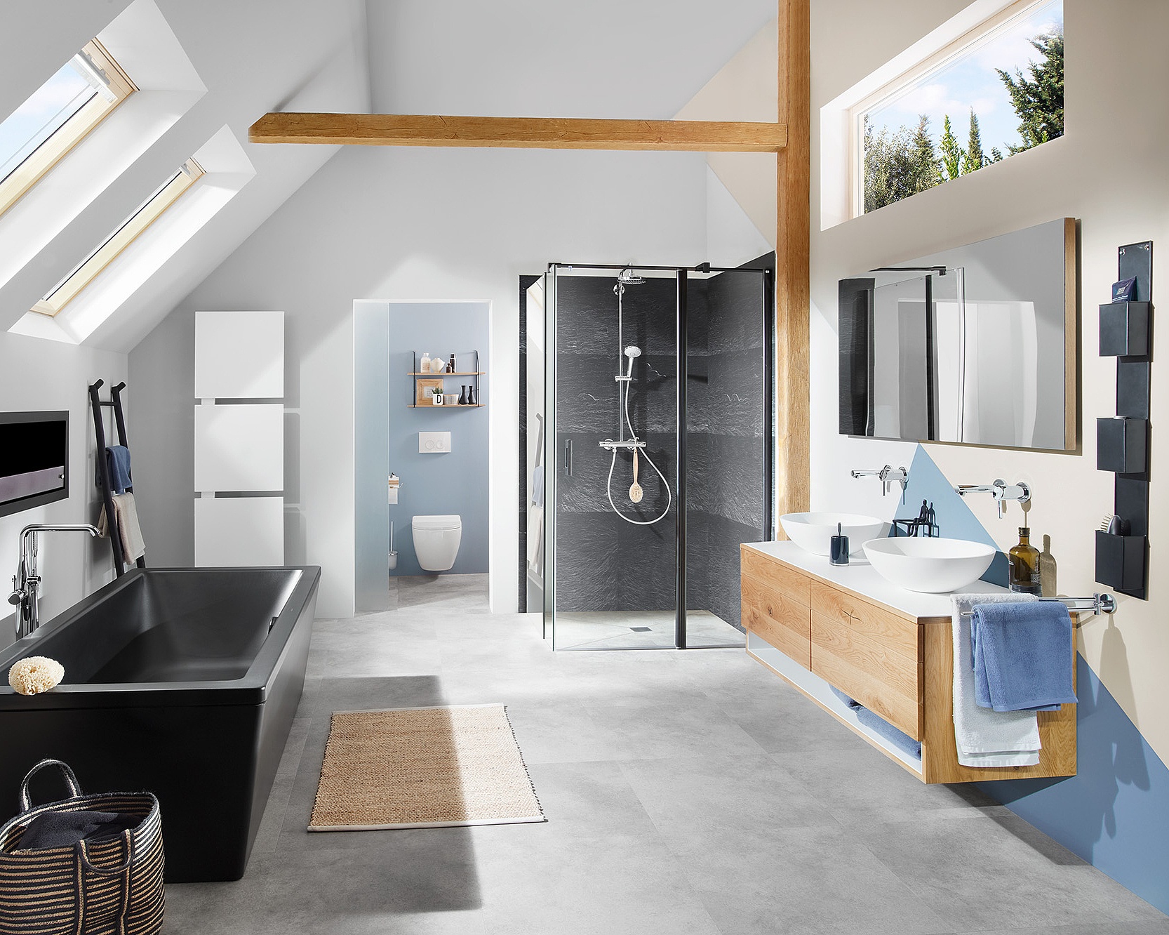 Kermi Duschdesign Profil-Duschkabine WALK-IN XB Festfeld in Flucht zur Kombination mit WALK-IN-XB Wall mit Spiegelglas und PEGA Pendeltür 1-flügelig mit Festfeld auf Maß