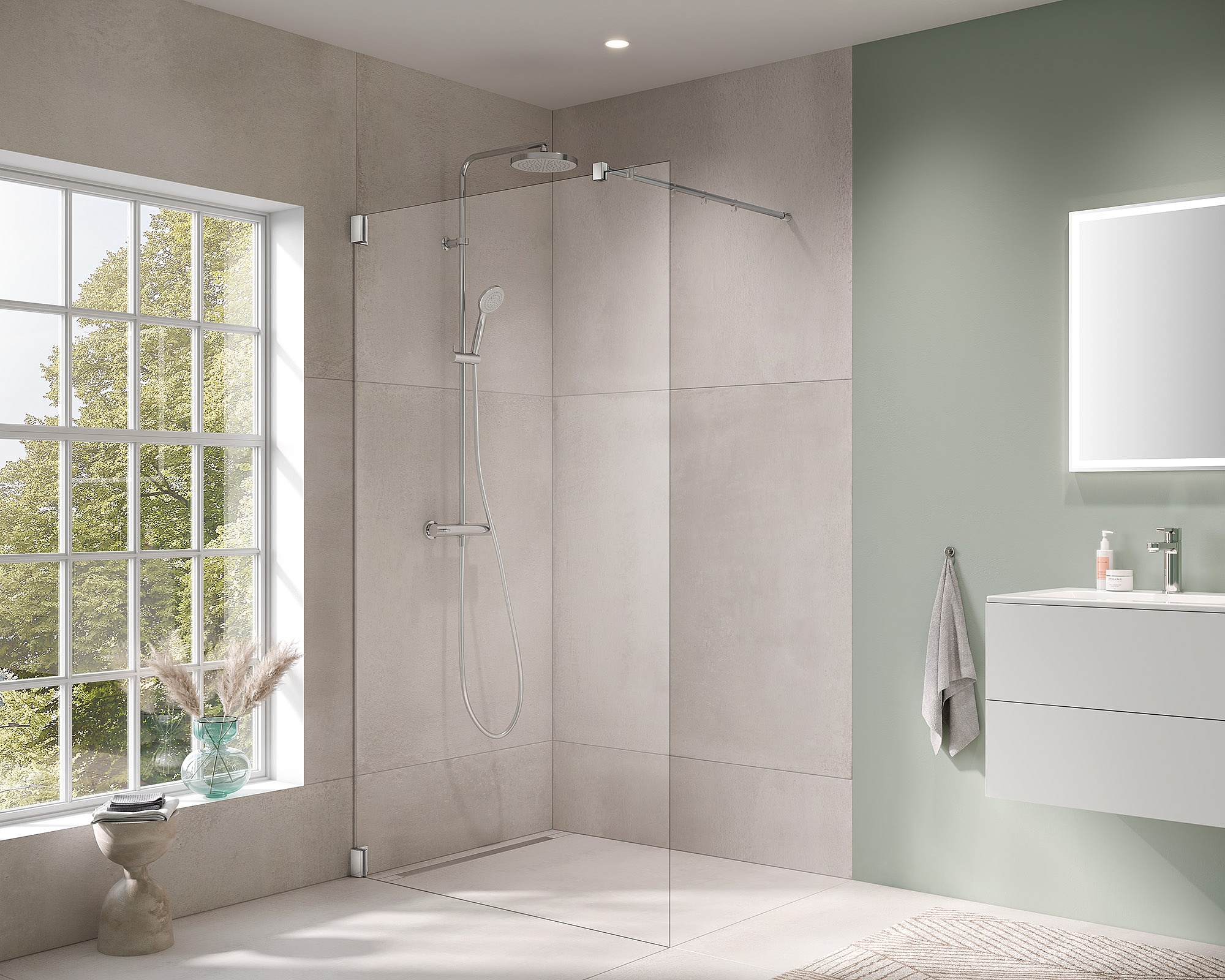 Kermi Duschdesign Beschlag-Duschkabine FILIA WALK-IN Wall Stabilisierung 90 Grad